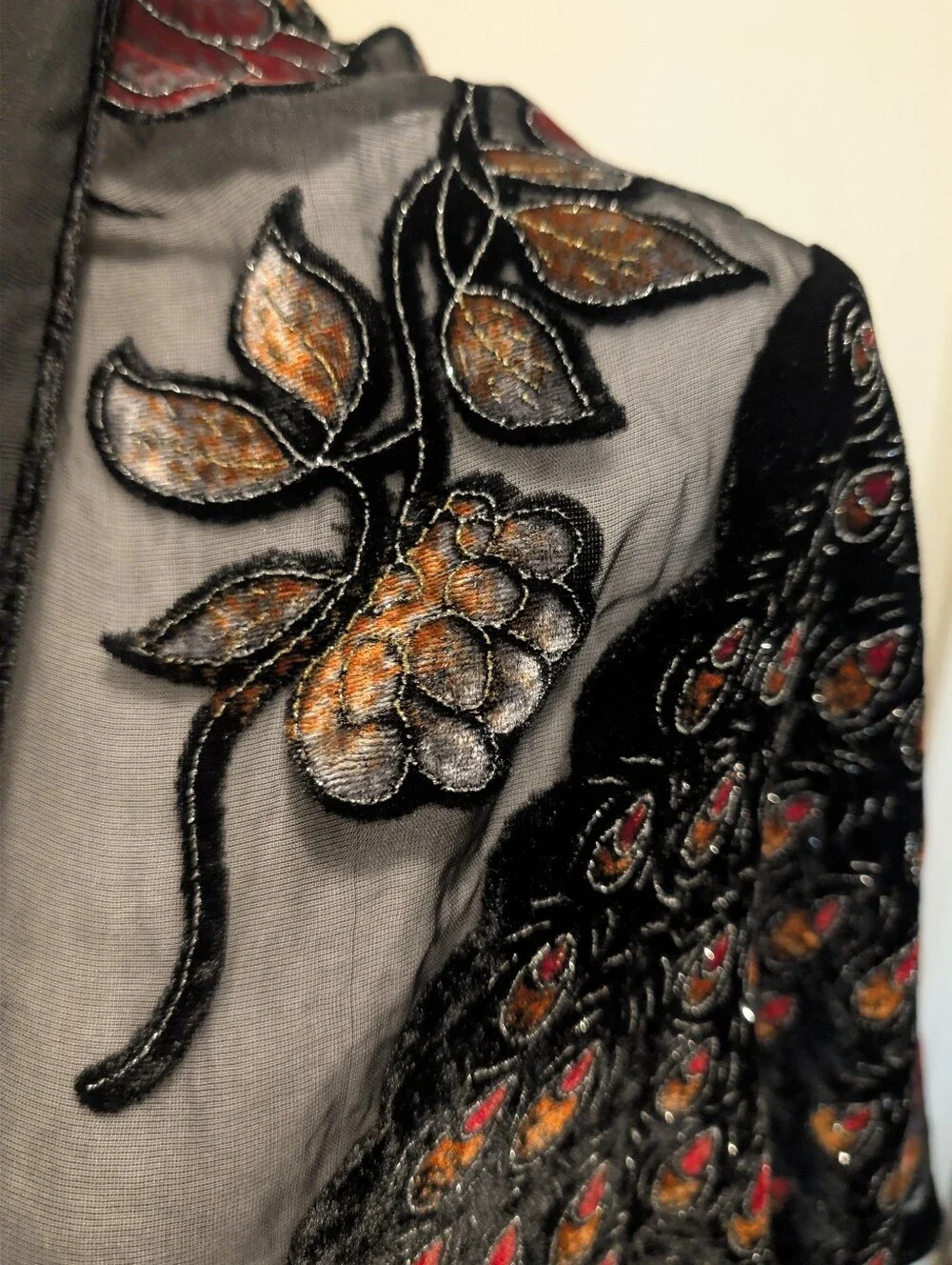 Black Shawl with Rich Copper and Crimson Velvet Peacock Applique and Fringe